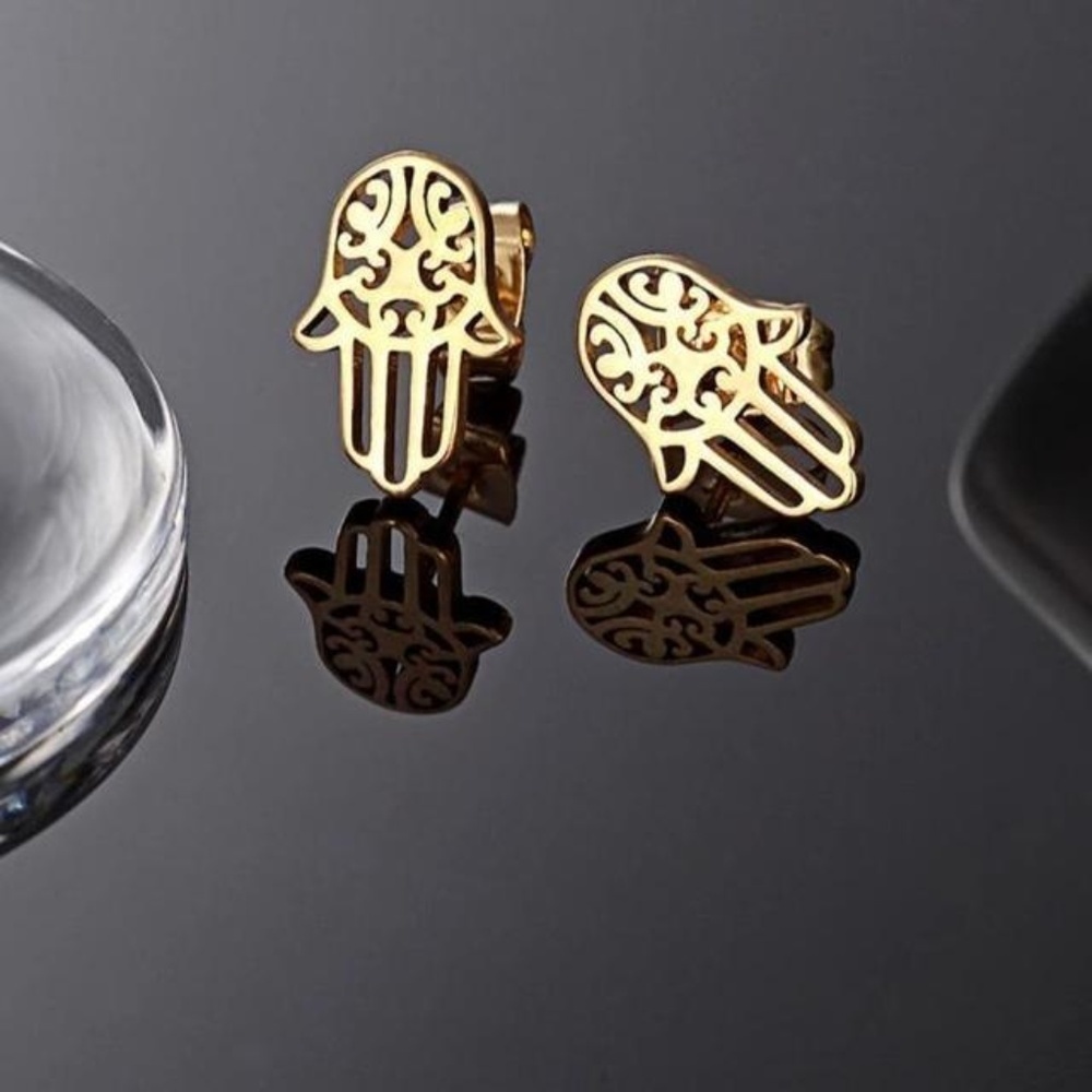 Tiny Hamsa Hand Gold Plated Studs Earrings - Picture 2 of 3